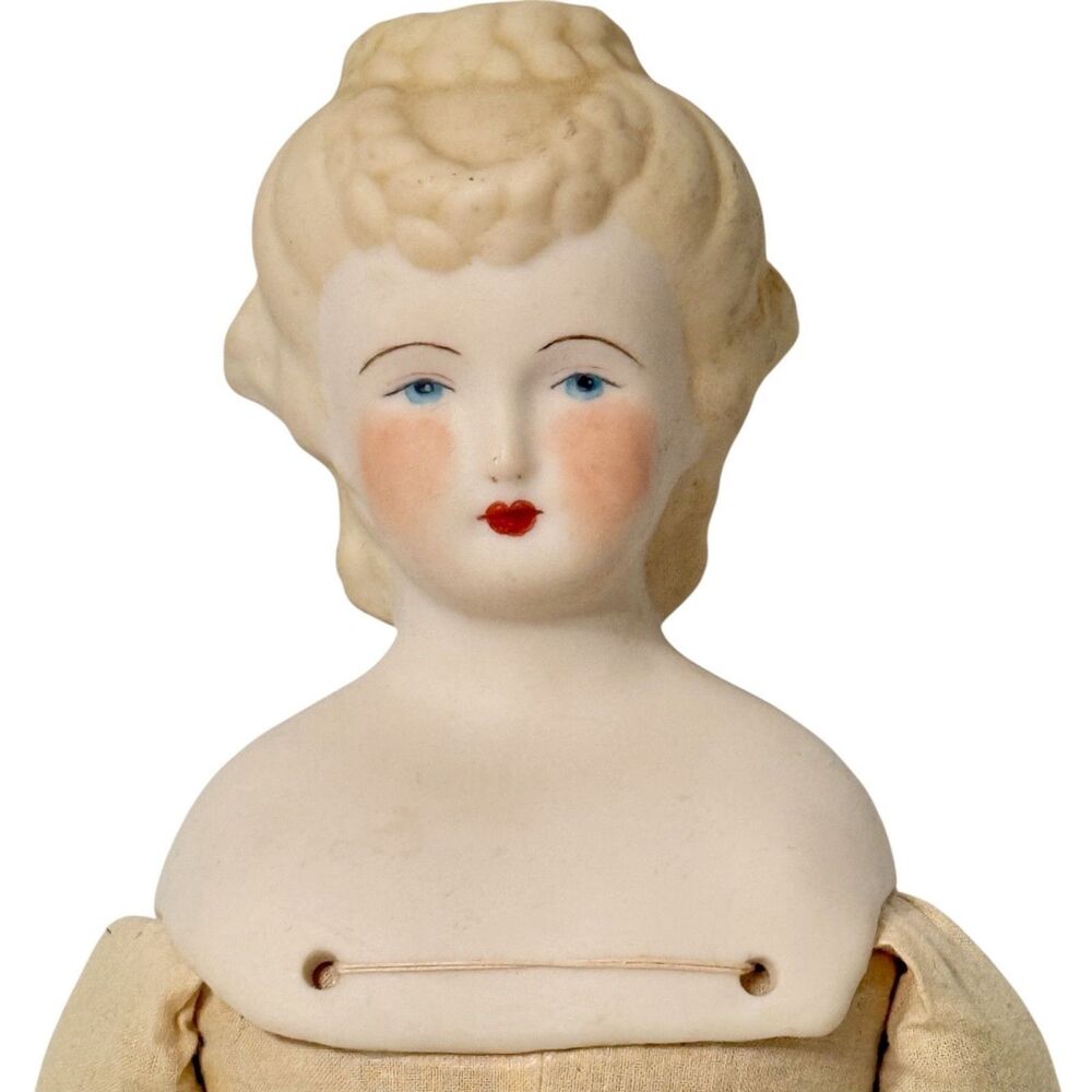 Vtg China Head Doll Hertwig Style 18" Wrap Cloth Body Blonde Hair Blue Eyes